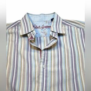 Robert Graham Mens L Striped Shirt Contrast Cuffs Multicolor Cotton